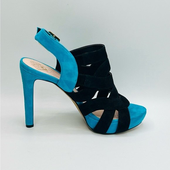 VINCE CAMUTO Blk&Turquoise XCross Strappy Suede 4” Platform Heels US 7.5 EU 37.5 - Picture 4 of 7